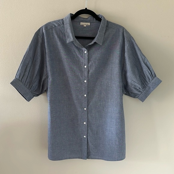 Fitzroy & Willa Blue Cotton Short Puff Sleeve Button Down Top Small Preppy Chic - Picture 1 of 6
